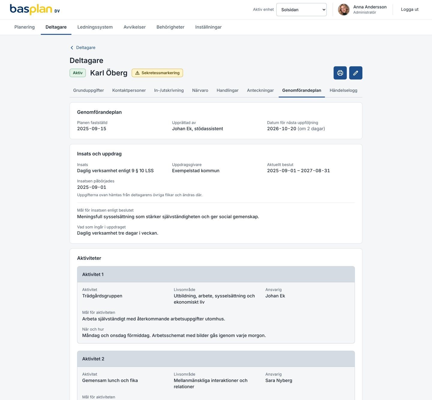 Deltagaren, fliken Genomförandeplan i Basplan DV