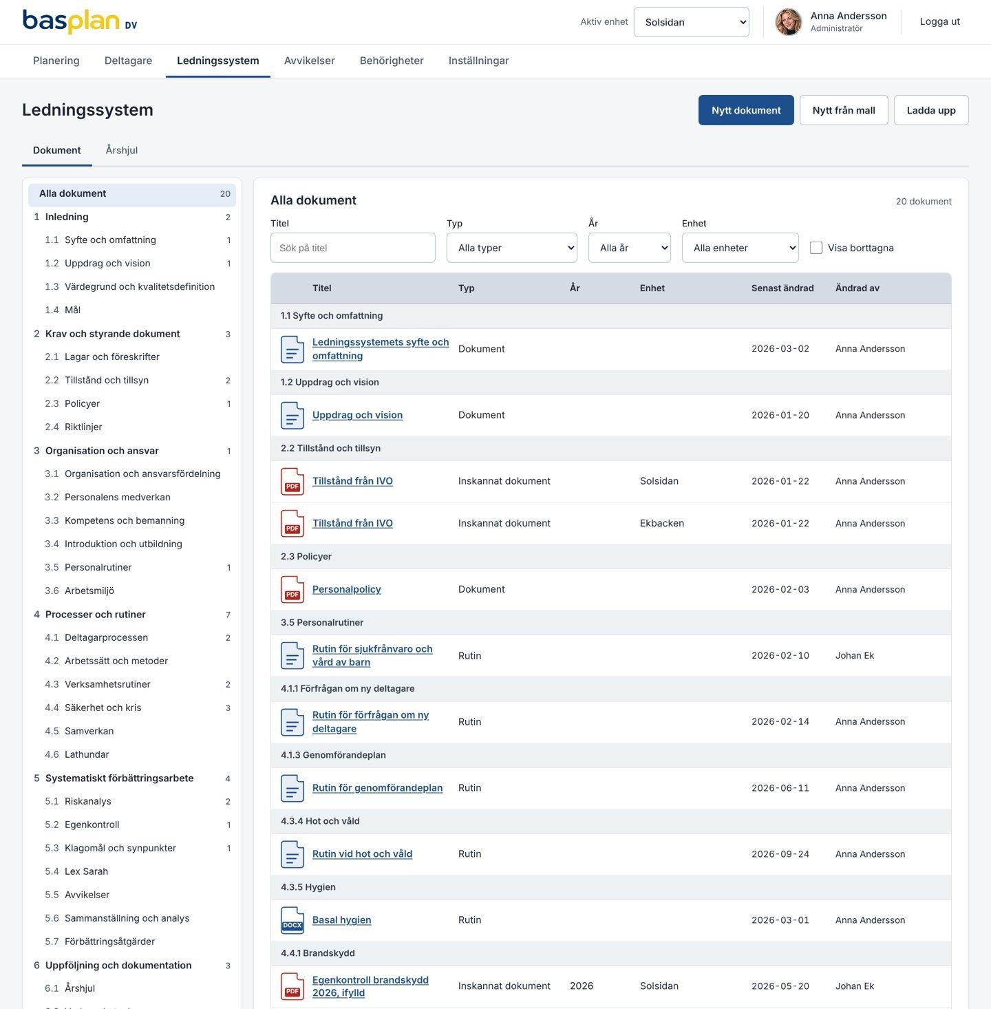 Ledningssystem, fliken Dokument i Basplan DV