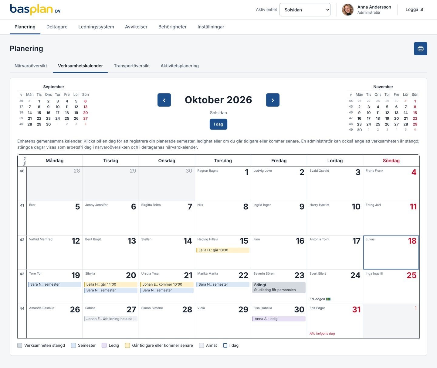 Planering, fliken Verksamhetskalender i Basplan DV